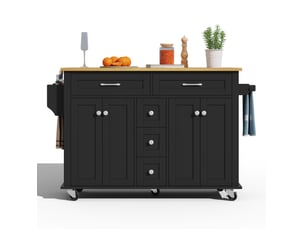 Desserte de cuisine 140x65x89 cm noire et naturelle avec plateau rabattable, 5 tiroirs