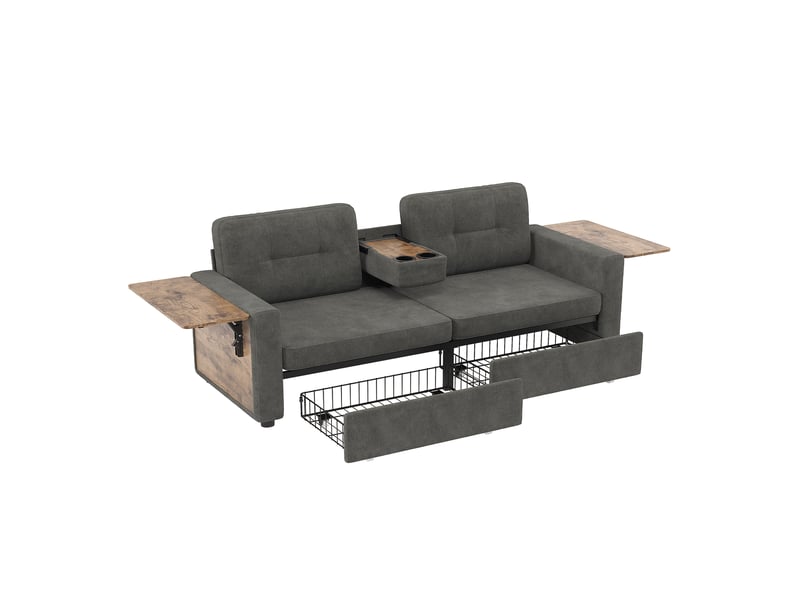 Canapé modulable 2 places avec 2 tiroirs,178x71x57.5cm,assise réglable,tablette ordinateur,porte-gobelets,tissu chenille,gris foncé - Conforama A