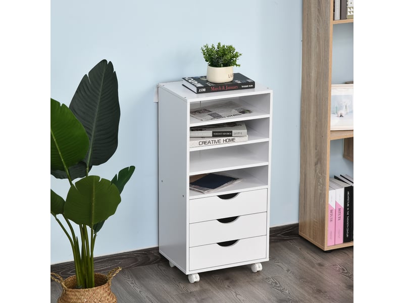  Caisson de bureau à 3 tiroirs et 4 étagères ouvertes, monté sur roulettes, 38 x 40 x 86,8 cm, blanc  - Conforama C