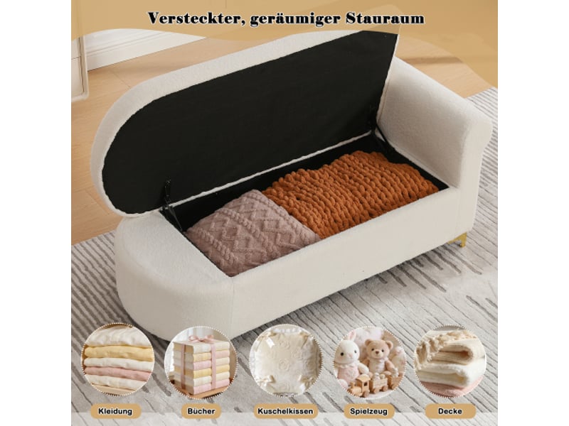  Méridienne avec rangement et 2 coussins - - dossier ondulé, pieds métal, tissu teddy - blanc cassé  - Conforama E