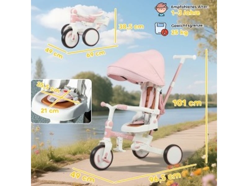 Tricycle enfant 5-en-1 réglable rose - Conforama D