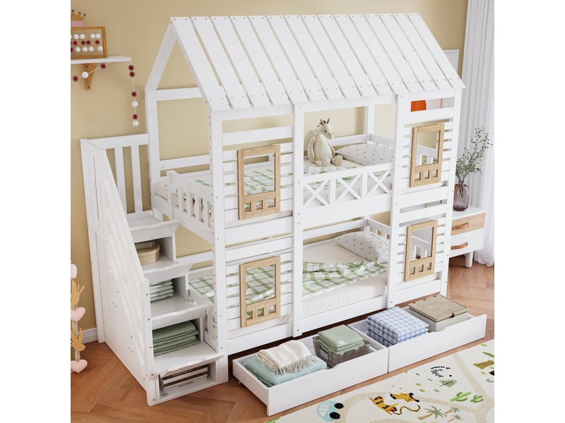  Lit superposé enfant 200×90 cm et 200×90 cm avec escalier de rangement et 2 tiroirs, sans matelas, blanc et naturel  - Conforama C