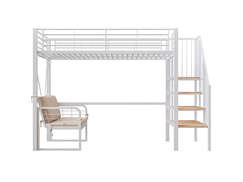  Lit superposé 90x200, lit mezzanine avec canapé déhoussable et escalier de rangement, cadre en métal blanc pour enfants et adultes  - Conforama A