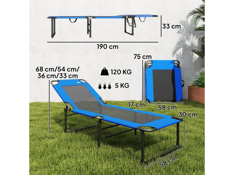  Transat pliant avec dossier réglable 4 positions, poignées et dossier en textilène, capacité de charge 120 kg, 175 x 58 x 68 cm, bleu  - Conforama D