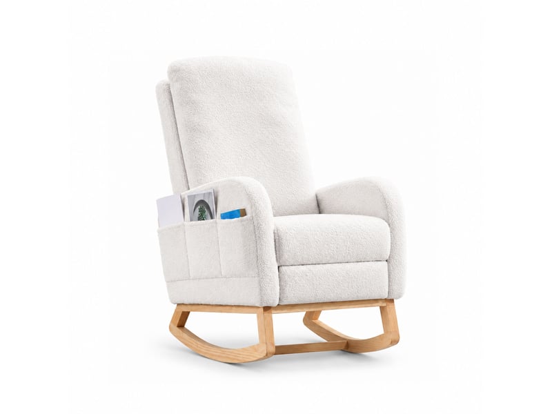  Fauteuil à bascule avec repose‑pieds, fauteuil d’allaitement en tissu teddy blanc, dossier haut ergonomique, poche latérale, chaise relax pour salon, chambre et espace bébé  - Conforama A