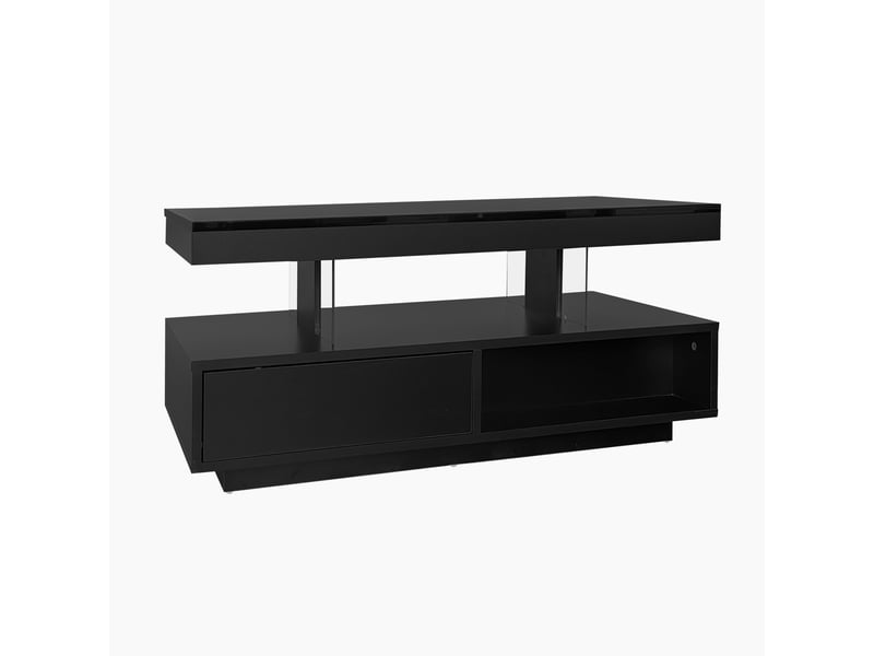  Table basse noire brillante avec 4 inserts en verre, table de salon avec led intelligente, 2 tiroirs et compartiments ouverts, 95x50x42.5 cm  - Conforama D