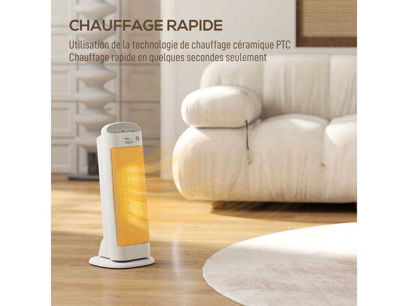  Chauffage d'appoint en céramique 2000 w, radiateur électrique soufflant 4 modes, 20x20x49cm, thermostat réglable, blanc  - Conforama A