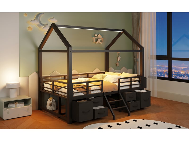  Lit cabane surélevé 90 × 200 cm en métal noir, tiroirs en tissu, rangement en bout de lit, échelle et éclairage led  - Conforama B