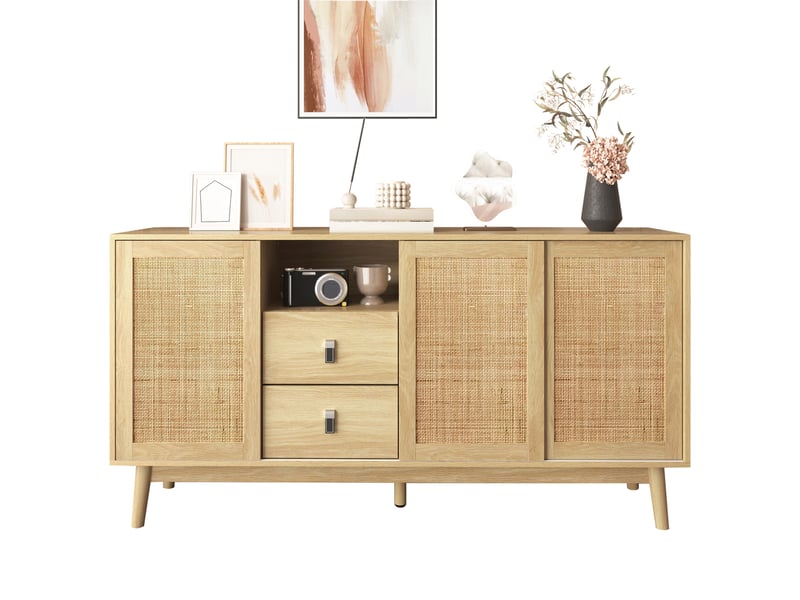  Buffet avec 3 portes coulissantes en rotin et 2 tiroirs pour salon 155×38×80 cm couleur bois  - Conforama A