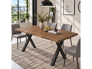 Table à manger 160x78 cm pour 4 à 6 personnes, plateau épais 2,8 cm à bord ondulé, pieds en x en métal, mdf effet noyer, salle à manger