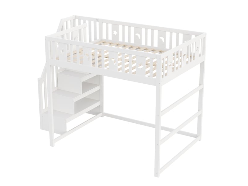 Lit superposé enfant avec escalier, bois massif blanc, 140x200 cm, barrières et déco étoiles-lune - Conforama D
