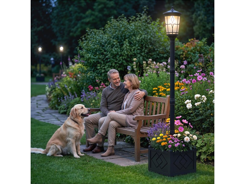  Lampe solaire d'extérieur pour jardin avec pot de fleurs intégré, 2 modes de luminosité 10050 lm, ip44, allumageextinction automatique, noire  - Conforama C