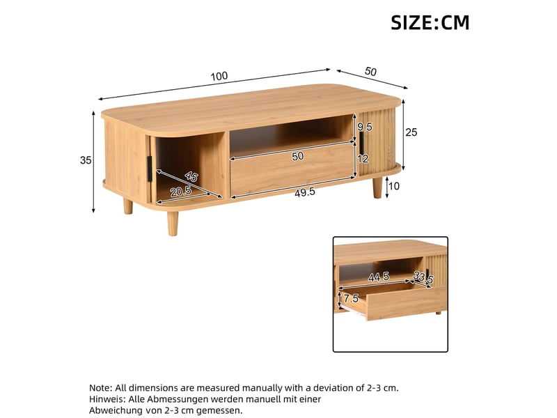  Table basse avec 1 tiroir 2 portes , table salon en mdf et panneau de particules naturel, 100x50x35 cm  - Conforama C