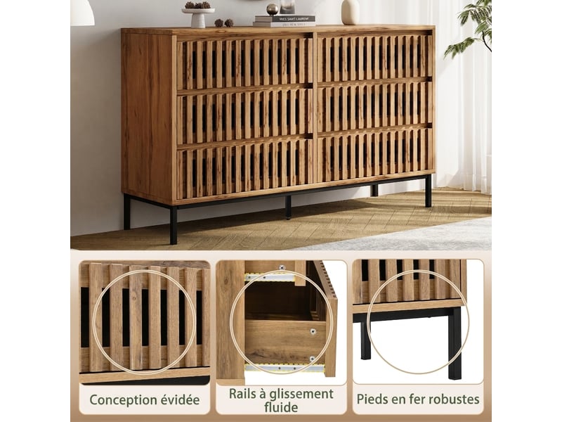 Buffet en bois avec 6 tiroirs à façade ajourée, large plateau 120 cm, pieds métalliques surélevés, design scandinave - Conforama E