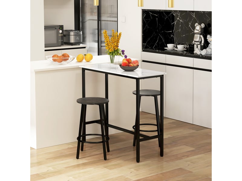  Ensemble bar pour 2 personnes, 1 table avec 2 tabourets de bar, plateau aspect marbre blanc, structure en acier  - Conforama C
