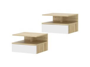 Ensemble de 2 tables de chevet suspendues avec tiroir et étagère ouverte, 35 x 32 x 22,5 cm, blanc et chêne
