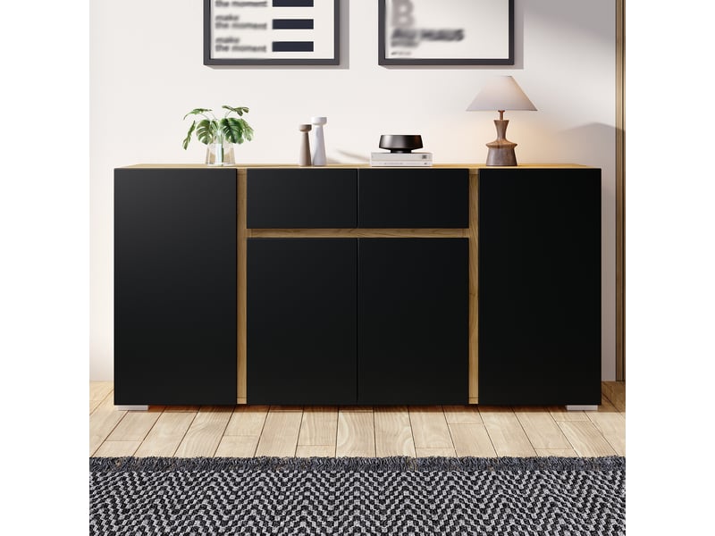  Buffet 140 x 35 x 70 cm, 4 portes et 2 tiroirs, étagères réglables, mdf noir et effet bois naturel evarich - Conforama B