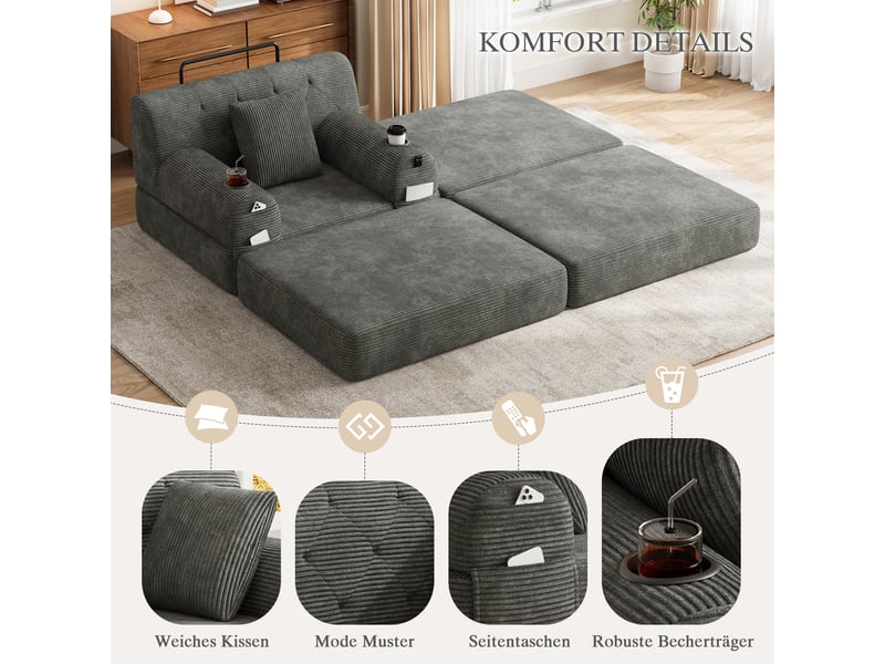  Fauteuil convertible 1 place 107 x 162 x 81 cm avec pouf assorti, dossier haut et 2 porte-gobelets, velours côtelé, gris foncé Morn Vibe - Conforama D