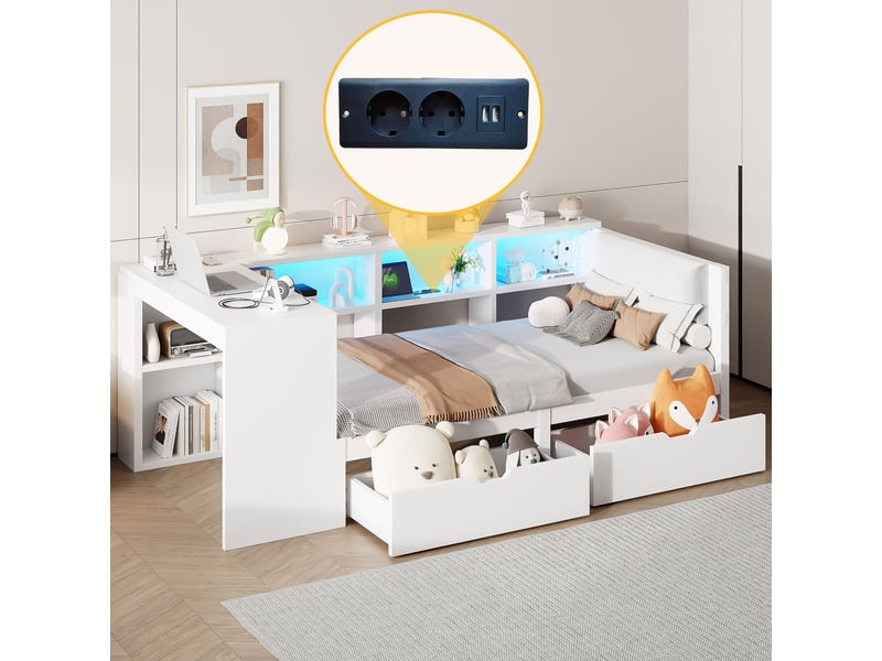 Lit plateforme en bois 90x200 cm blanc avec étagères, tiroirs, prises usb et led pour chambre moderne.  - Conforama C