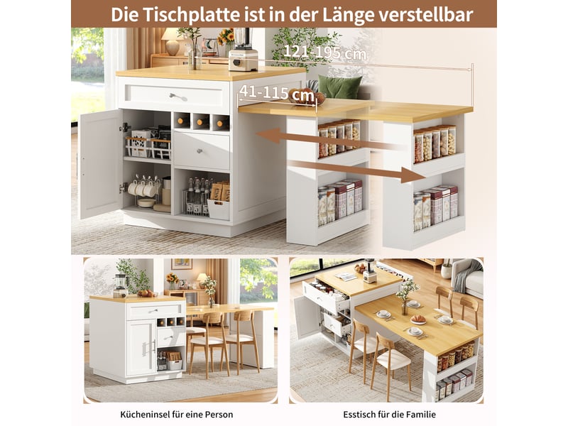  Îlot de cuisine extensible 121–195 x 70 x 93,5 cm avec table à manger coulissante, tiroirs, rangements et porte-bouteilles, blanc et effet bois  - Conforama E