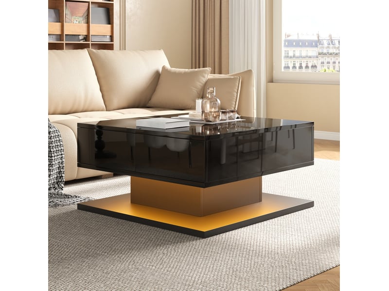  Table basse relevable avec plateau rabattable, 2 tiroirs, rangement et led réglable pour salon, noir, 72 × 72 × 35 cm  - Conforama D