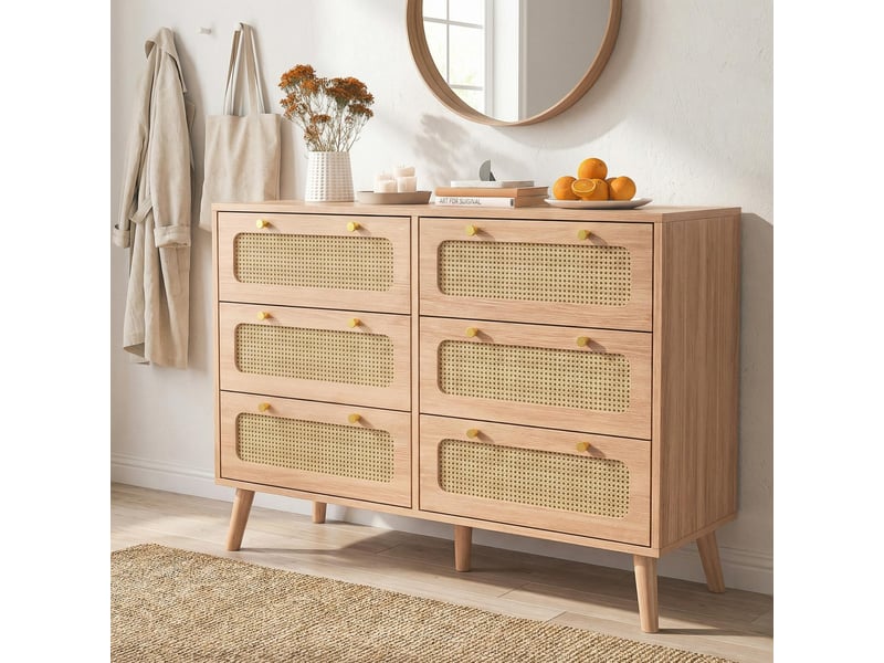 Commode 100 cm effet rotin, 6 tiroirs, commode chambre, meuble de rangement, style scandinave, chêne clair - Conforama B