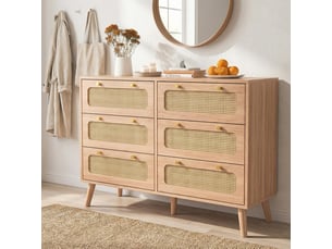 Commode 100 cm effet rotin, 6 tiroirs, commode chambre, meuble de rangement, style scandinave, chêne clair