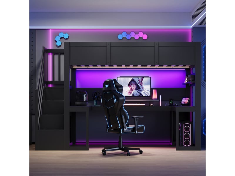  Lit mezzanine gaming 90x200 noir avec bureau, led, usb et escalier rangement  - Conforama D