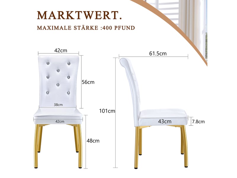  Lot de 4 chaises de salle à manger,avec dossier haut,pvc et métal doré,blanc  - Conforama C