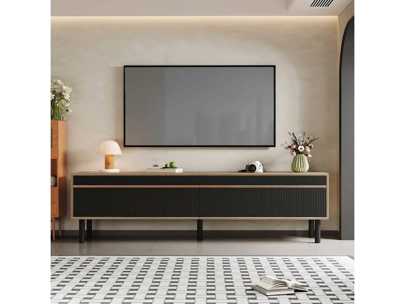Meuble tv 170 cm avec 4 portes noir et bois naturel - Conforama D