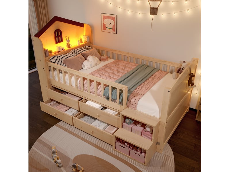  Lit enfant mi-hauteur 90x200 cm maison avec led et rangements coloris naturel  - Conforama D