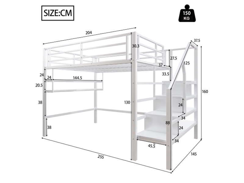  Lit mezzanine 140x200 cm, lit double, étagères ouvertes, escalier rangement, rambarde, blanc, sans matelas  - Conforama C