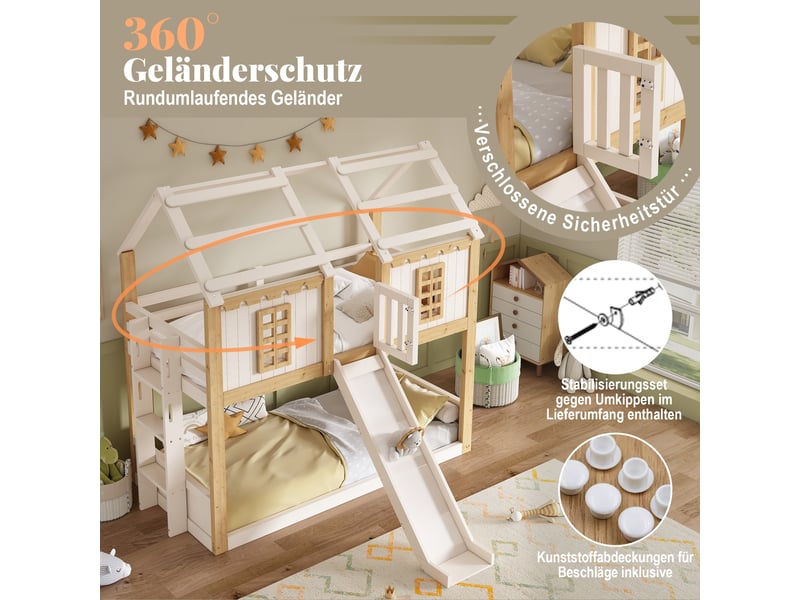  Lit superposé 90 x 200 cm, lit enfant à deux couchages, structure en forme de maison, toboggan, échelle, barrières de sécurité, bois, blanc Morn Vibe - Conforama E
