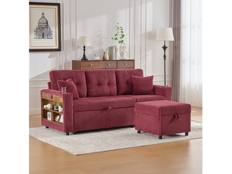 Canapé convertible modenvie 3 places avec rangement usb-c led velours côtelé rouge bordeaux 196 x 82-144 x 85 cm - Conforama E