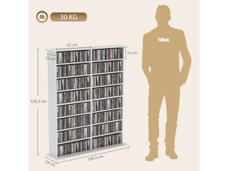  Meuble multimédia blanc 8 niveaux, 12 étagères réglables, 16 compartiments, 720 cd  - Conforama C