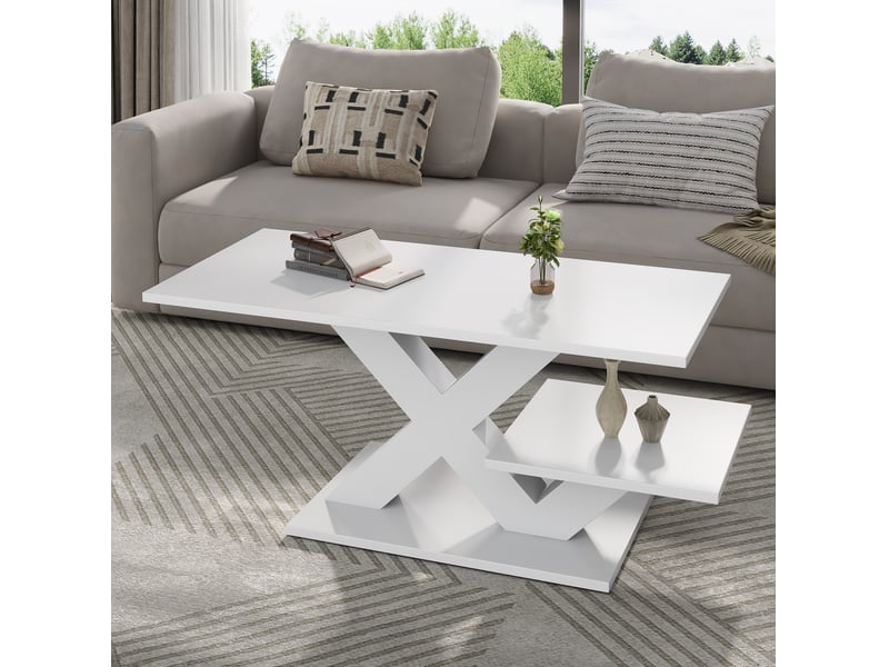  Table basse rectangulaire 100 x 48 x 45 cm en mdf blanc brillant à 2 plateaux  - Conforama E