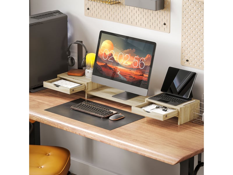  Rehausseur écran pc bureau support d'ordinateur d'écran de 60-116 cm avec 2 tiroirs, longueur et angle réglables  - Conforama D