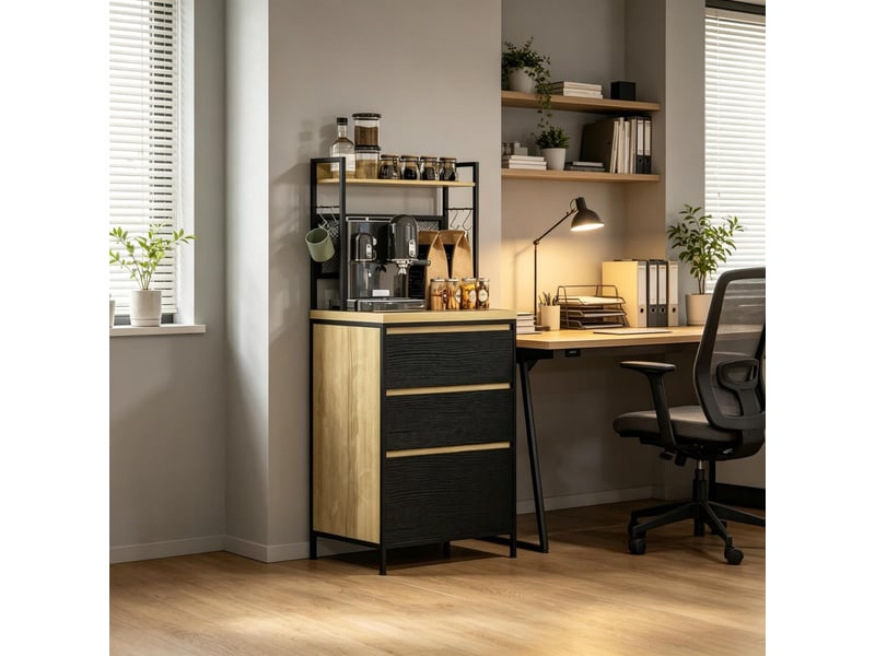 Buffet de cuisine 3 tiroirs plan de travail compartiment de rangement 4 crochets style industriel  - Conforama B