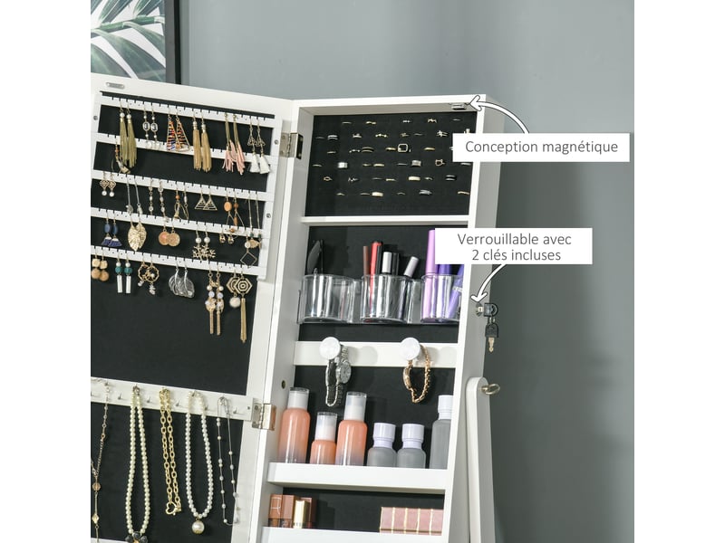 Armoire à bijoux led avec miroir sur pied range bijoux avec éclairage à tactile écran blanc - Conforama W