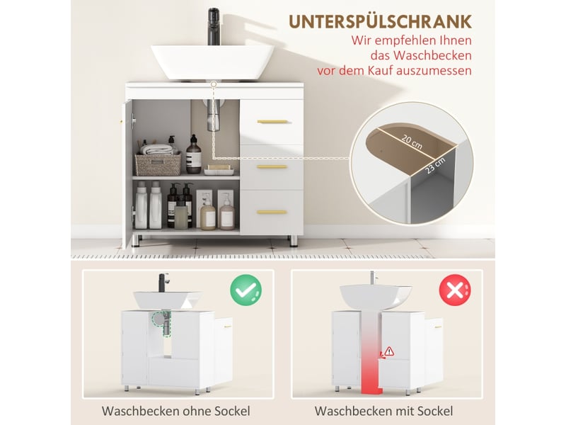  Meuble sous lavabo blanc, armoire de salle de bain avec 3 tiroirs et portes, rangement sous vasque en mdf pour salle d'eau, 70x30x65 cm.  - Conforama E