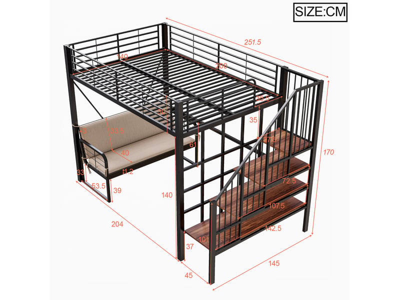  Lit mezzanine 140 x 200 cm en métal avec canapé amovible et escalier coffre noir  - Conforama C