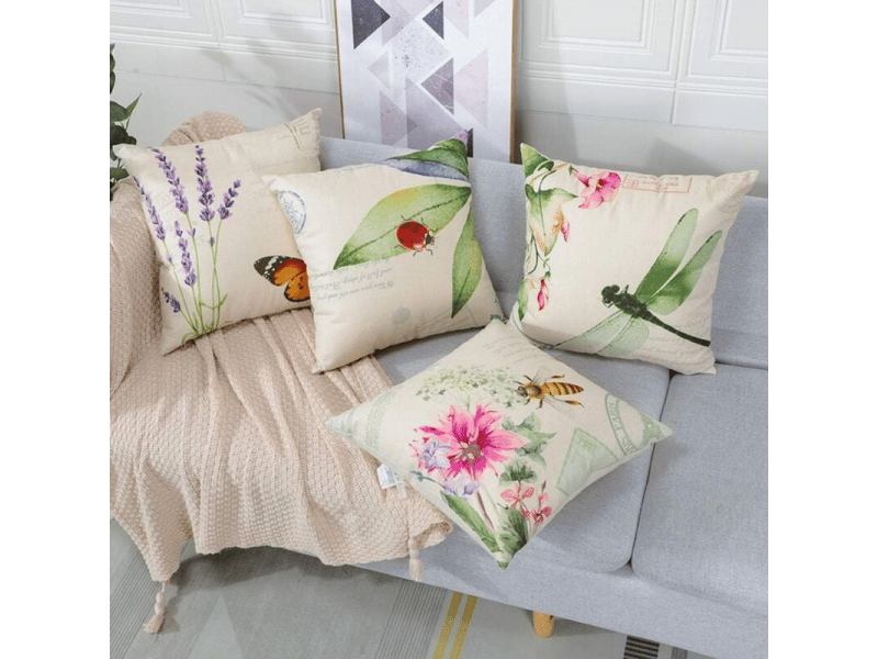 Lot de 4 housse de coussin - lot de 4 45 x 45 cm insectes et plantes motif canapé taie d'oreiller pour patio jardin salon chambre décoration, beige  - Conforama B