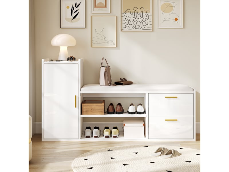 Meuble à chaussures banc laqué blanc 128 cm, 2 tiroirs, 1 porte, assise rembourrée - Conforama B