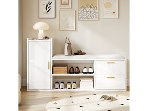 Meuble à chaussures banc laqué blanc 128 cm, 2 tiroirs, 1 porte, assise rembourrée