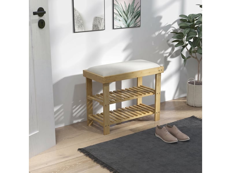  Banc à chaussures en bambou, étagère à chaussures à 3 niveaux, style scandinave, crème et bois naturel, 60 x 29 x 49 cm  - Conforama D
