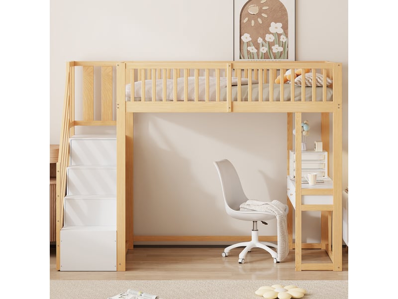  Lit mezzanine 90 x 200 cm en pin massif blanc avec bureau multifonction et escalier de rangement sécurisé, enfant et adolescent  - Conforama D