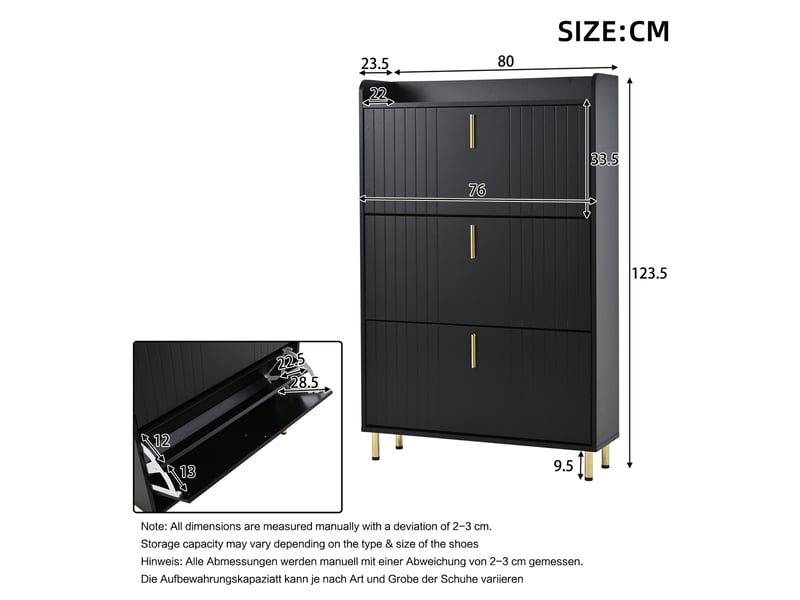  Lot de 2 meubles à chaussures avec 3 abattants, étagères réglables, pour entrée en mdf noir 80 × 23 × 123,5 cm  - Conforama E