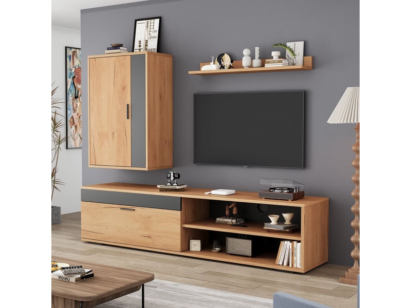  Meuble tv mural 140x40x40, design moderne bois et noir avec rangement complet meuble tv contemporain  - Conforama B