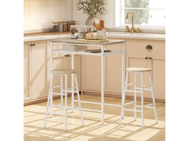  Ensemble table de bar avec tabourets, table à manger debout avec 2 chaises, étagère et pieds  - Conforama D