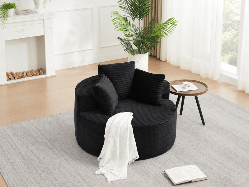 Fauteuil lounge rond 110 cm en velours côtelé, 1 place, assise mousse et ressorts, 3 coussins, noir, design moderne  - Conforama B
